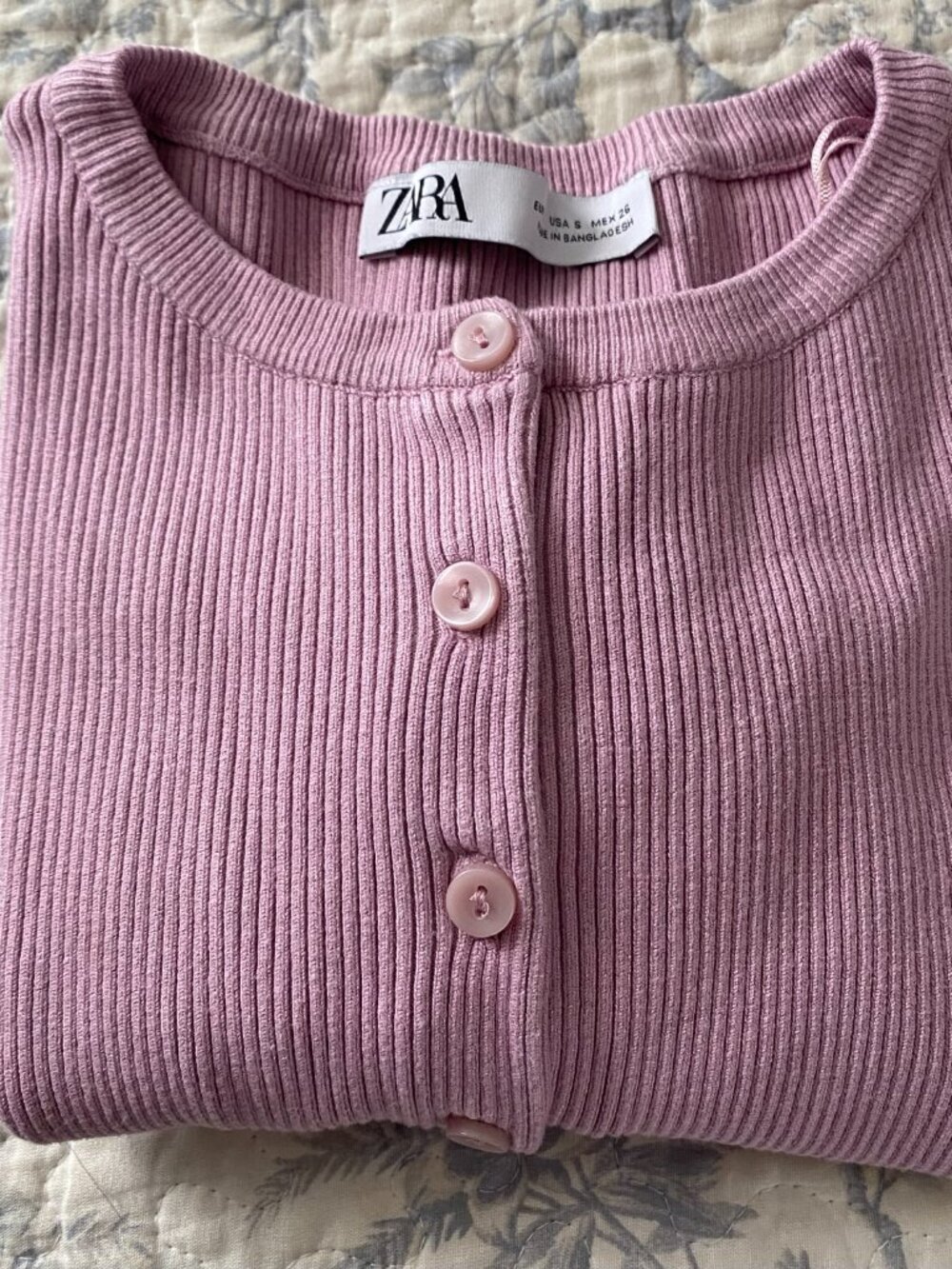 Zara Women's Small Ribbed Cropped Button Up Cardigan Pinkish Mauve